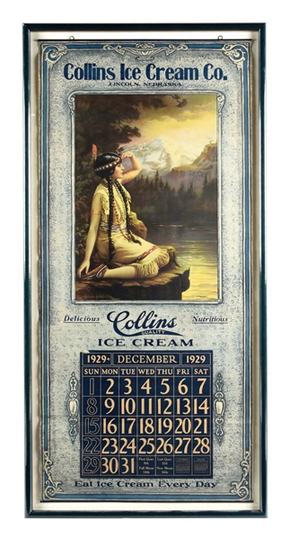 COLLINS ICE CREAM CO. PAPER LITHOGRAPHED CALENDAR W/ NATIVE AMERICAN GRAPHIC.