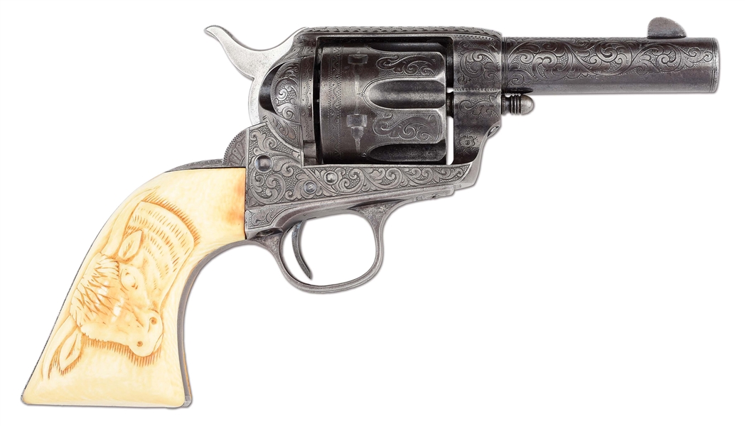 (A) FACTORY ENGRAVED SHERIFFS MODEL COLT SINGLE ACTION ARMY WITH FACTORY CARVED IVORY GRIPS.