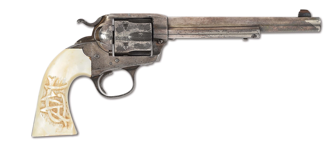 (C) SILVER PLATED COLT BISLEY MODEL IN .38 WCF WITH PEARL GRIPS.