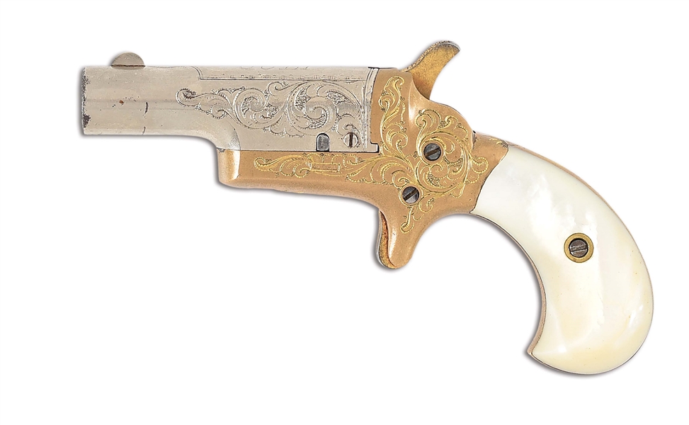 (A) ATTRACTIVE ENGRAVED COLT THIRD MODEL THUER DERRINGER WITH PEARL GRIPS.