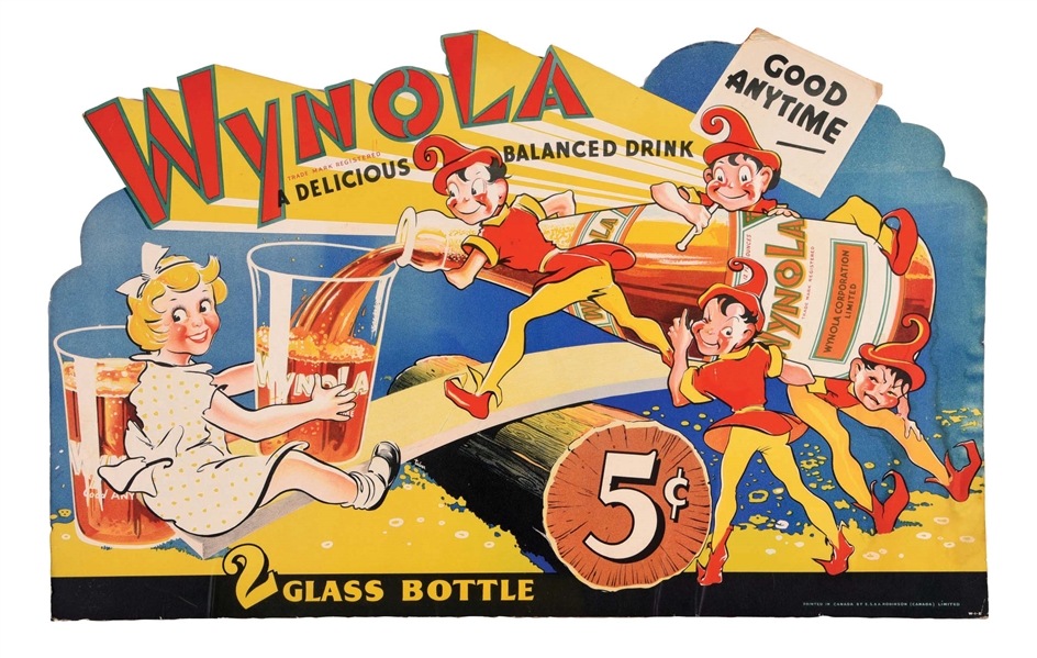 CARDBOARD EASEL-BACK WINDOW DISPLAY ADVERTISING WYNOLA SOFT DRINK BEVERAGE.