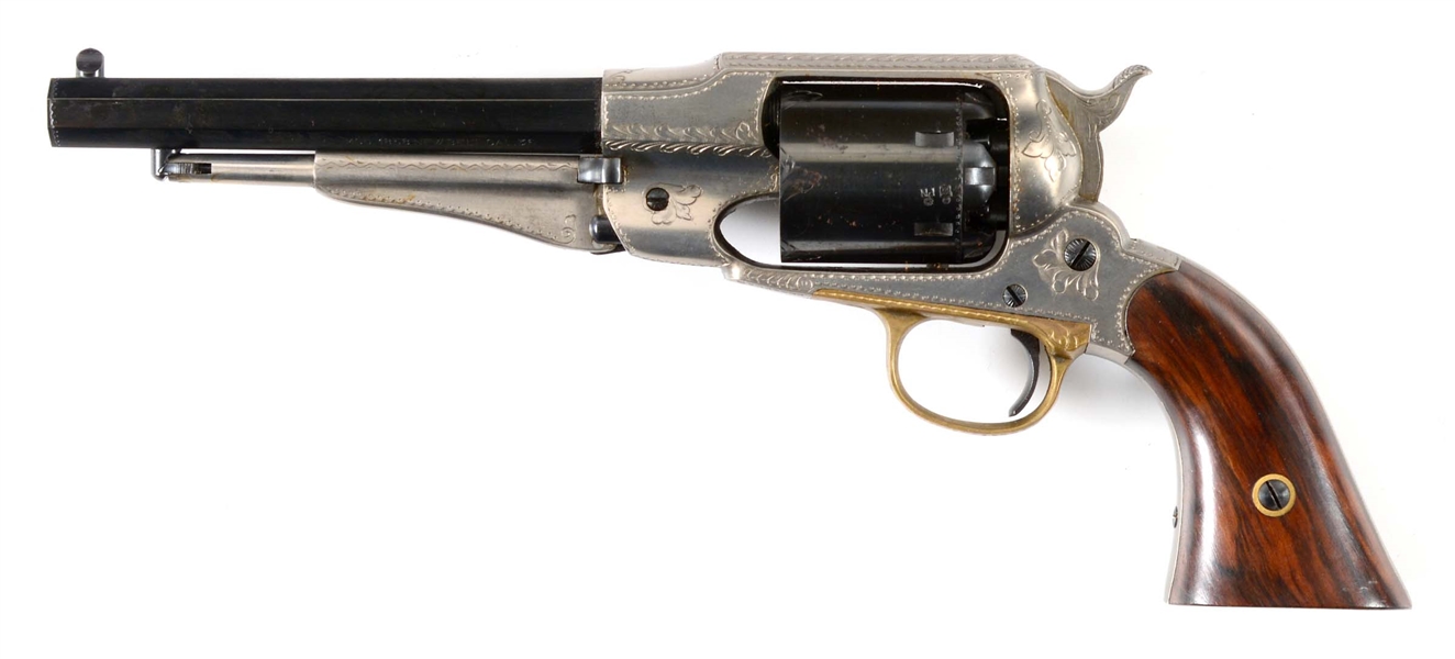 (A) ENGRAVED UBERTI MODEL 1858 NAVY PERCUSSION REVOLVER.