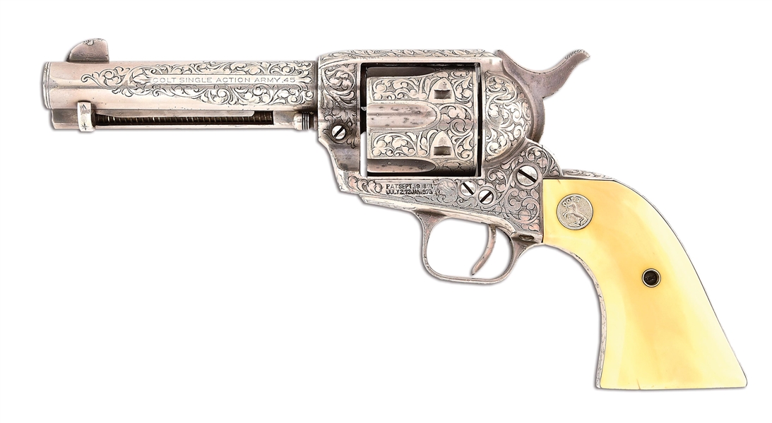 (C) FACTORY ENGRAVED AND SILVER PLATED COLT SINGLE ACTION ARMY REVOLVER WITH CARVED STEER HEAD IVORY GRIPS.