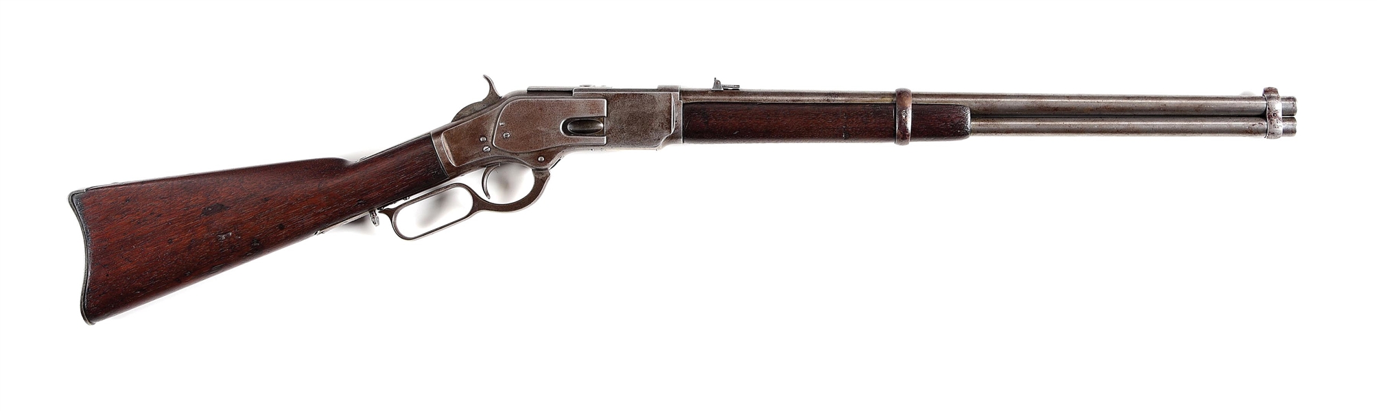 (A) DESIRABLE FIRST MODEL WINCHESTER MODEL 1873 SADDLE RING CARBINE WITH RAISED THUMB PRINT DUST COVER.