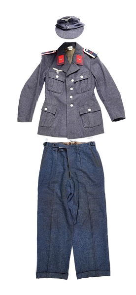 GERMAN WWII LUFTWAFFE UNIFORM CONSISTING OF TUNIC, TROUSERS, AND CAP.