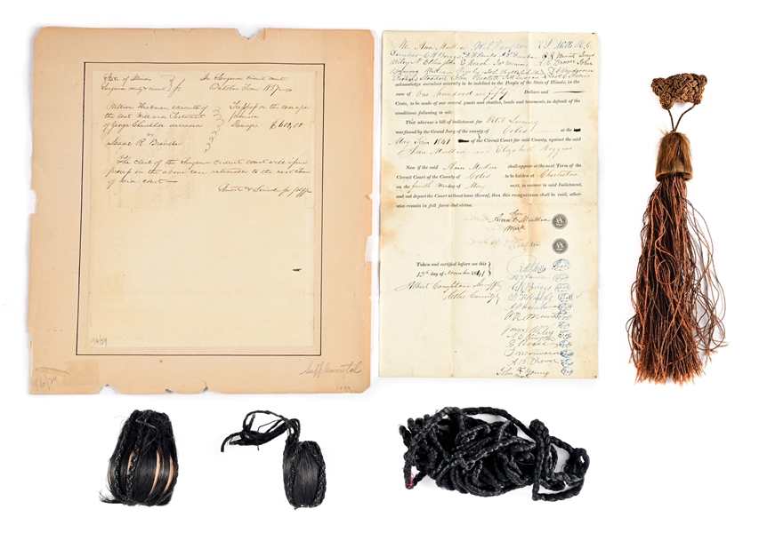 LOT OF 3: LINCOLN SIGNED LEGAL DOCUMENT, LINCOLN MOURNING CORD AND FINIALS, DENNIS F. HANKS SIGNED LEGAL BOND, ALL EX-LATTIMER.