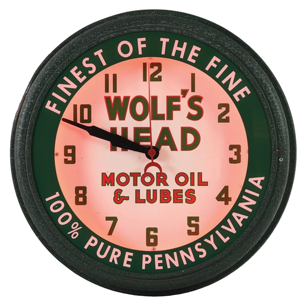 OUTSTANDING WOLFS HEAD MOTOR OIL & LUBES SERVICE STATION NEON CLOCK. 