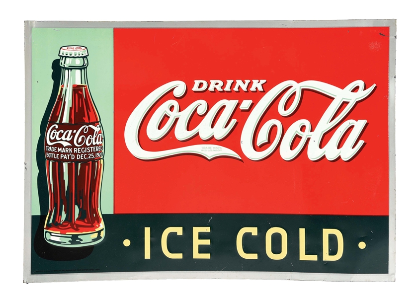 "DRINK COCA-COLA ICE COLD" EMBOSSED TIN SIGN W/ BOTTLE GRAPHIC.