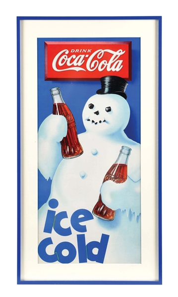 "DRINK COCA-COLA ICE COLD" LITHOGRAPH W/ SNOWMAN GRAPHIC.