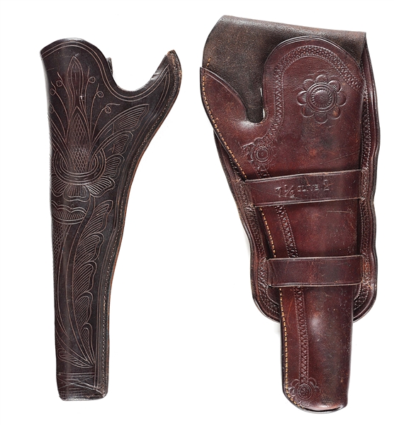 LOT OF 2: TOOLED LEATHER HOLSTERS.