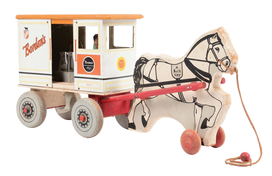 RICH TOYS WOOD BORDENS HORSE-DRAWN MILK WAGON TOY.