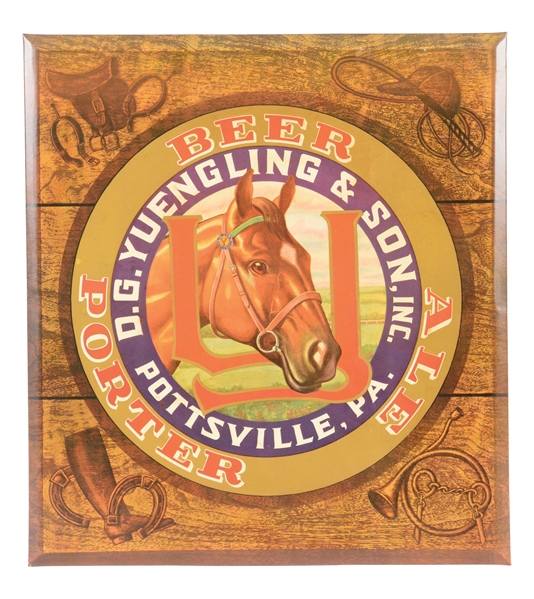 EARLY YUENGLING & SONS TIN-OVER-CARDBOARD W/ OUTSTANDING HORSE GRAPHIC.