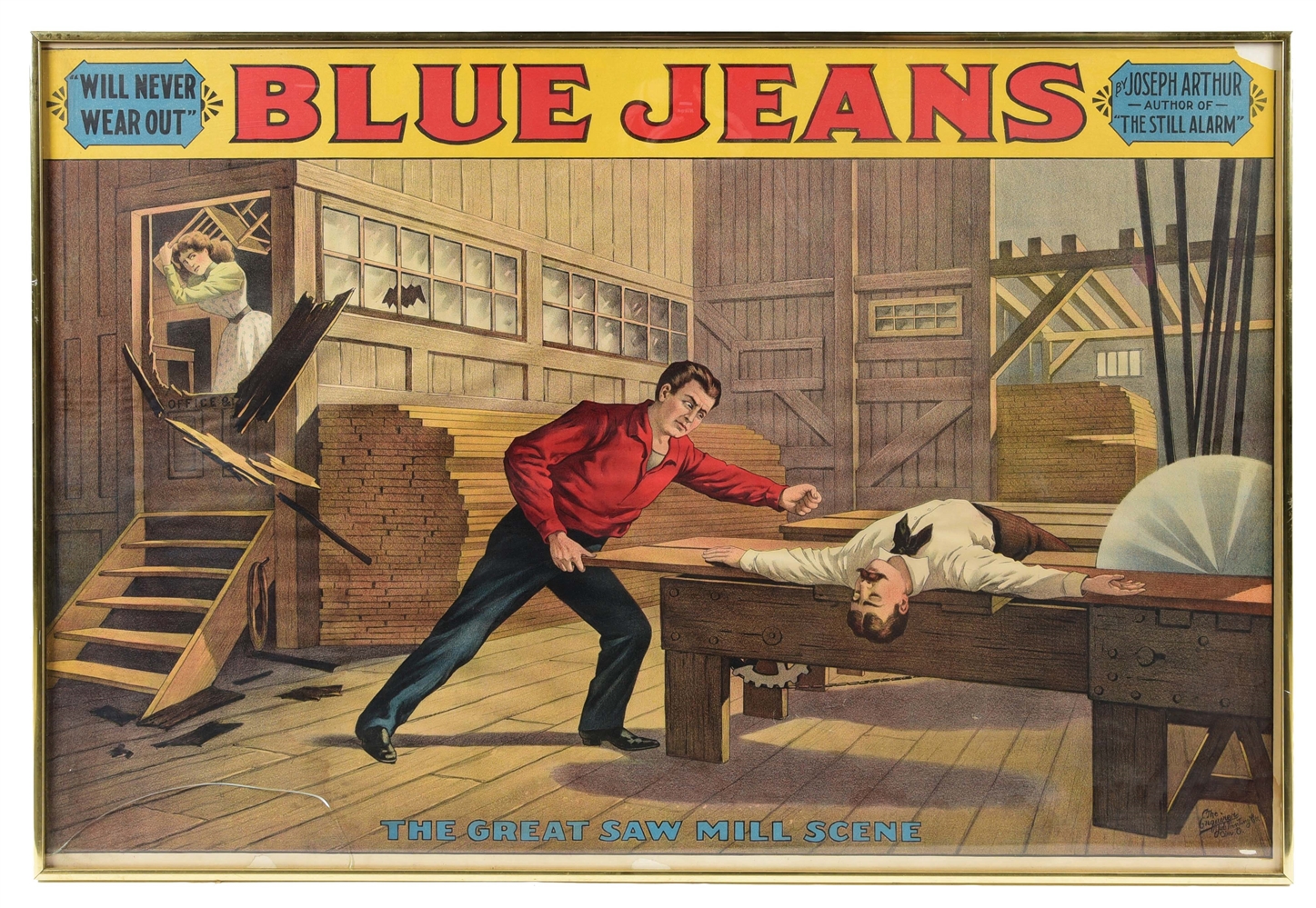 "WILL NEVER WEAR OUT" BLUE JEANS PAPER LITHOGRAPH ADVERTISEMENT.