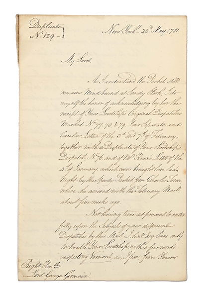 HENRY CLINTON ACKNOWLEGES RECIEPT OF DISPLATCHES AND REPORTS ON THE ALLEGIANCE OF VERMONT.