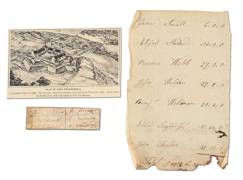 LOT OF 2: PAGE FROM ETHAN ALLENS ACCOUNT BOOK AND CLIPPED ETHAN ALLEN SIGNATURE.