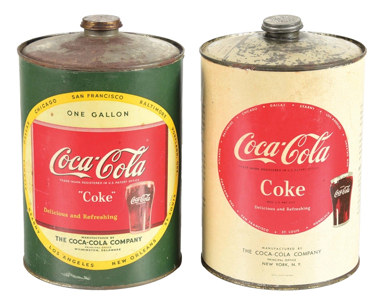 PAIR OF 1 GALLON COCA-COLA PAPER LABEL SYRUP TINS.