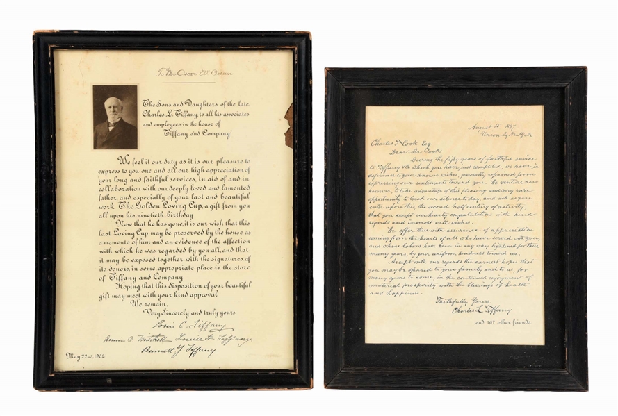 LOT OF 2: FRAMED LETTERS SIGNED BY LOUIS C. TIFFANY
