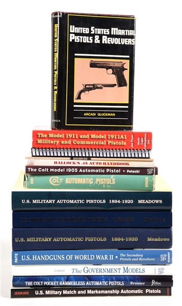 LOT OF 14: COLT AUTOMATIC AND US MILITARY HANDGUN REFERENCE BOOKS.