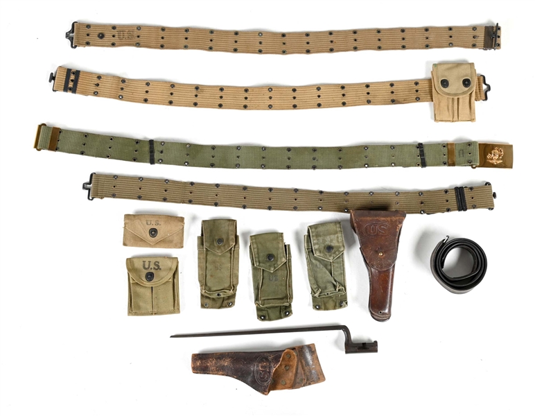 LARGE LOT OF US WEB GEAR, BELTS, HOLSTERS AND BAYONET.