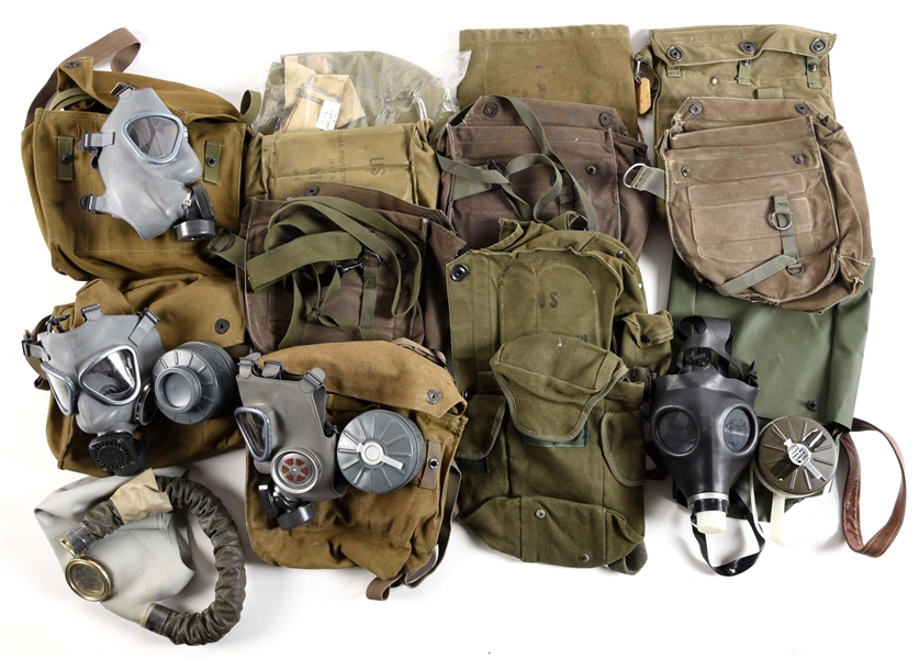 LARGE LOT OF GAS MASKS AND GAS MASK BAGS.