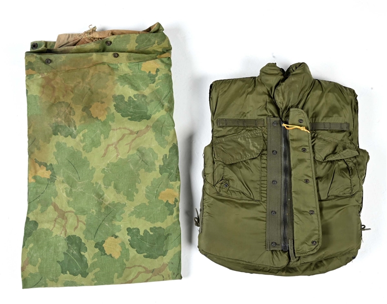 US VIETNAM WAR M69 FLAK JACKET AND MITCHELL CAMOUFLAGE SHELTER HALF. 