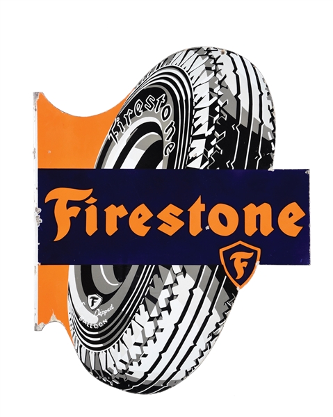 FIRESTONE PORCELAIN FLANGE SIGN W/ TIRE GRAPHIC.