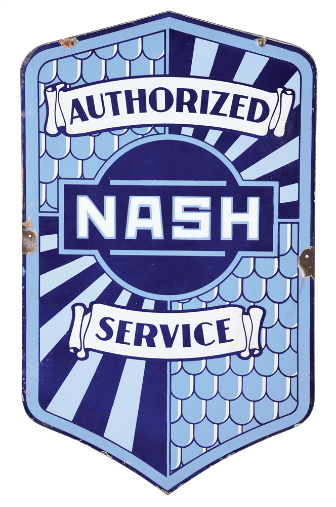 NASH AUTHORIZED SERVICE DIE-CUT PORCELAIN SIGN.