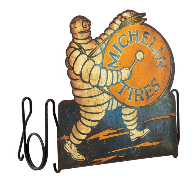 MICHELIN TIRES TIN LITHOGRAPHED TIRE STAND W/ BIBENDUM GRAPHIC.