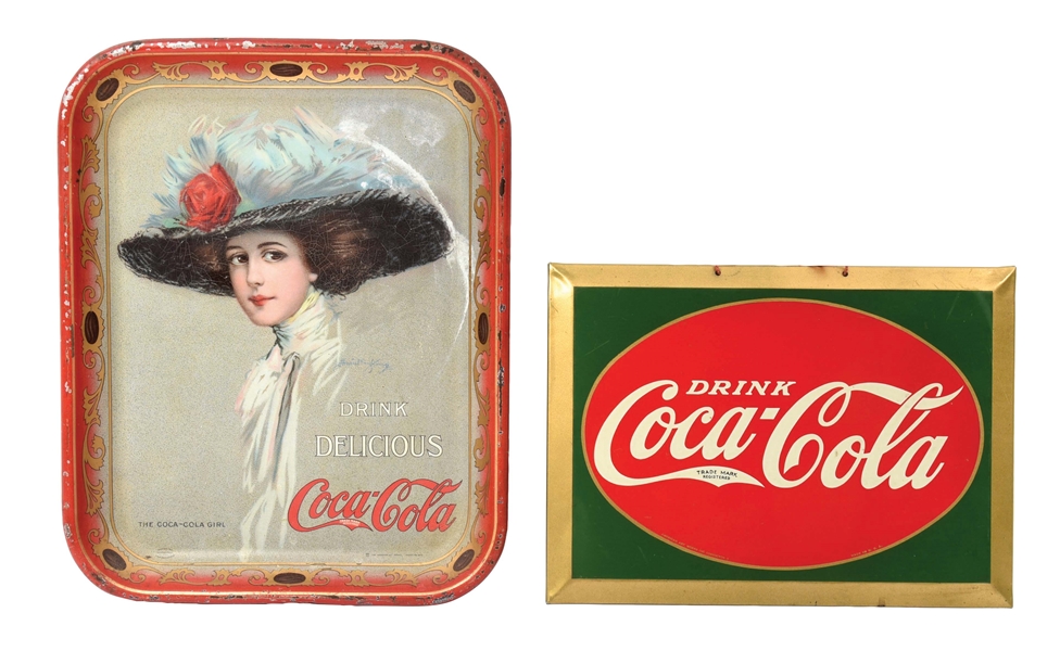 COLLECTION OF 2 COCA-COLA TIN SIGN & TRAY W/ WOMAN GRAPHIC.