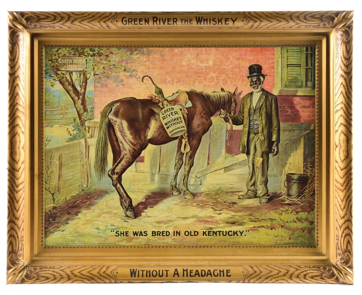 SELF-FRAMED TIN GREEN RIVER WHISKEY SIGN.