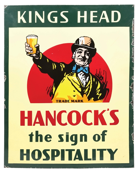 PORCELAIN KINGS HEAD HANCOCKS HOSPITALITY SIGN W/ COLORFUL GRAPHIC.