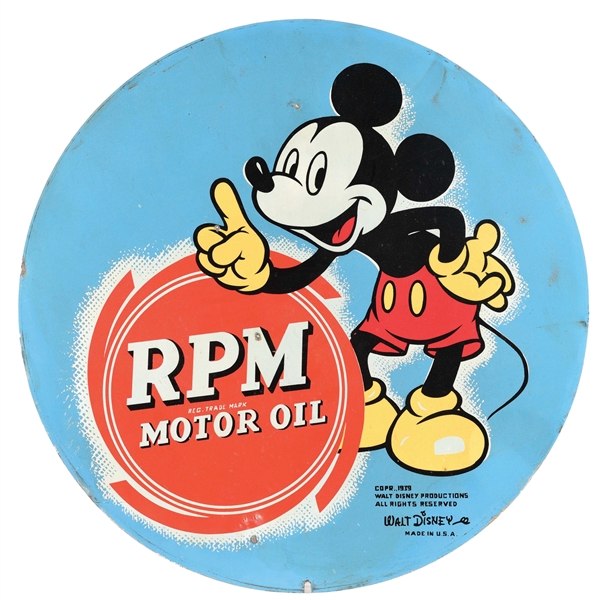 TIN RPM MOTOR OIL SIGN W/ MICKEY MOUSE GRAPHIC.