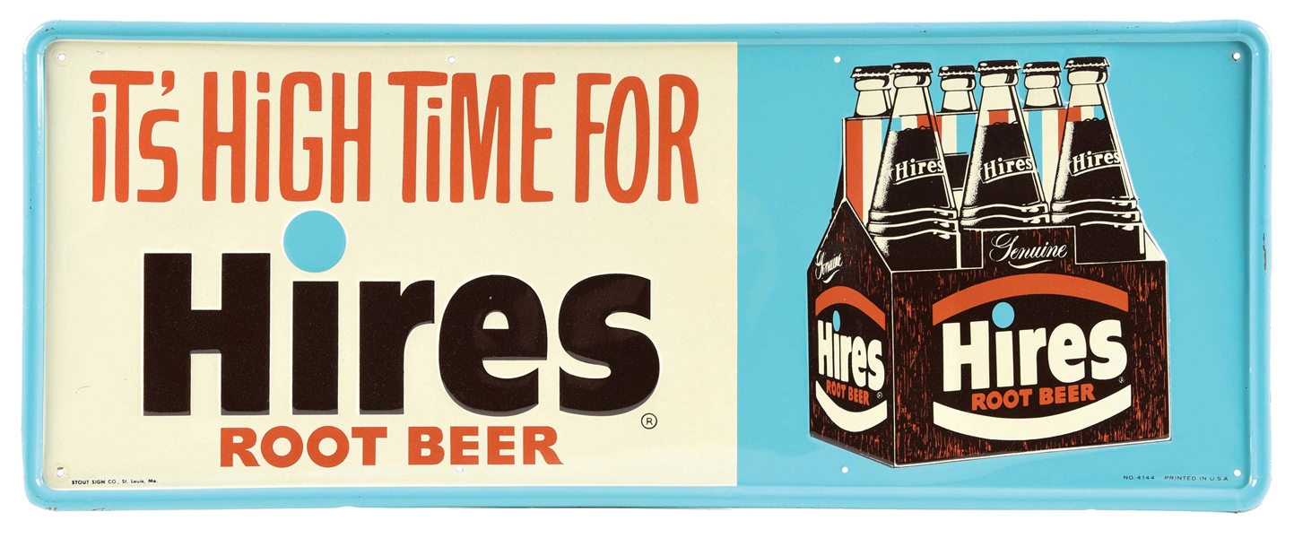 HIRES ROOT BEER SELF-FRAMED EMBOSSED TIN SIGN W/ 6-PACK GRAPHIC.