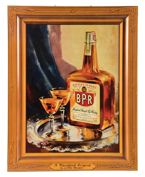 B.P.R WHISKEY SELF-FRAMED TIN SIGN W/ BOTTLE GRAPHIC.