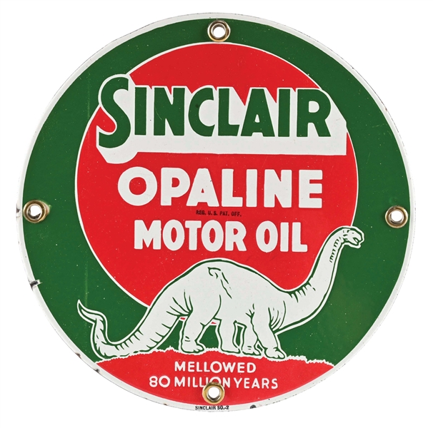 SINCLAIR OPALINE MOTOR OIL PORCELAIN SIGN W/ DINO GRAPHIC.