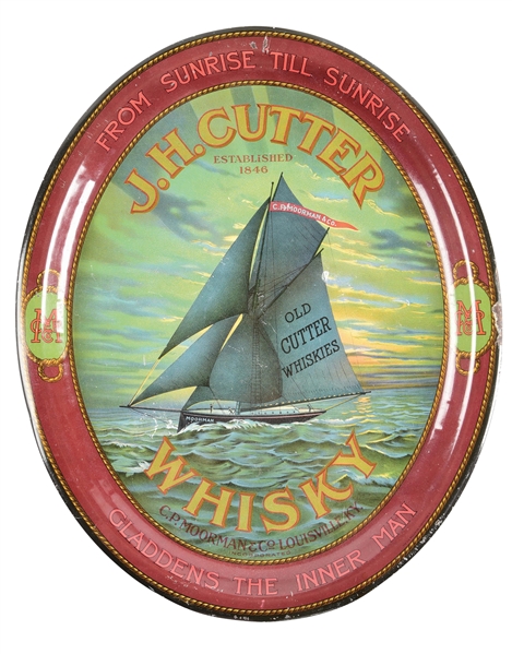 J.H. CUTTER WHISKEY ADVERTISING TRAY W/ SHIP GRAPHIC.