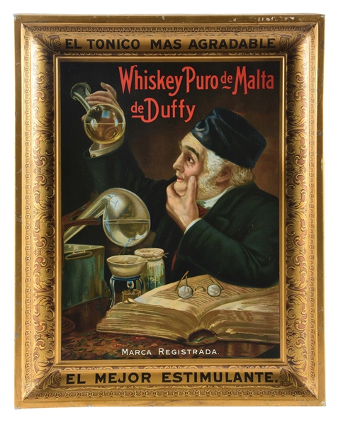 WHISKEY PURO DE MALTA DE DUFFY SELF-FRAMED TIN SIGN W/ ALCHEMIST GRAPHIC. 