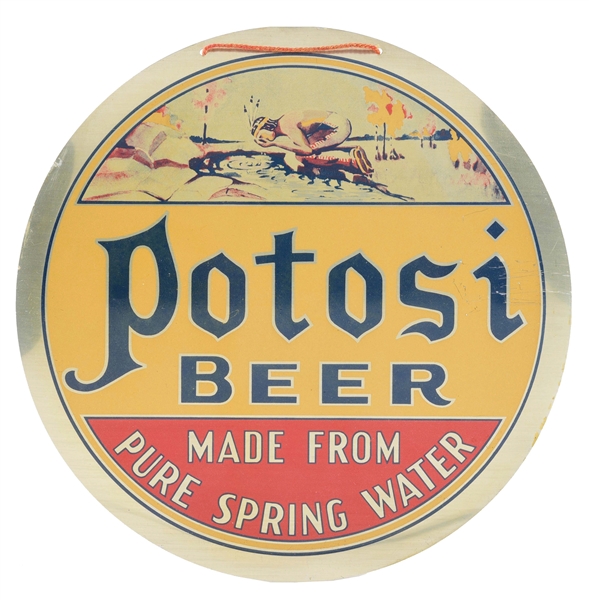 POTOSI BEER ALUMINUM BUTTON SIGN W/ NATIVE AMERICAN GRAPHIC.