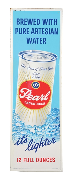 PEARL BREWING LAGER BEER SELF-FRAMED TIN SIGN W/ BEER CAN GRAPHIC.