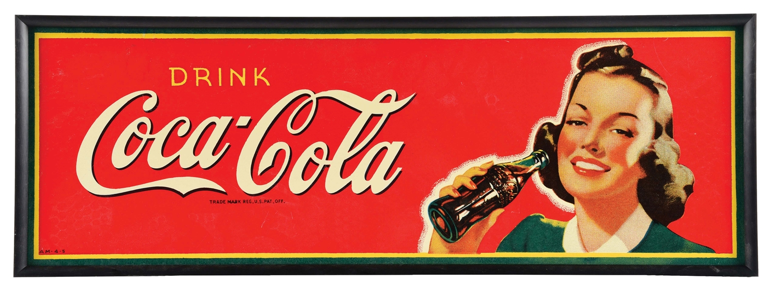 1940S COCA COLA FRAMED MASONITE SIGN W/ DRINKING GIRL.
