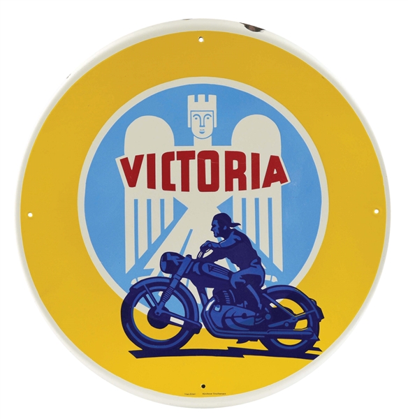 GERMAN VICTORIA MOTORCYCLES PORCELAIN SIGN W/ MOTORCYCLE GRAPHIC.