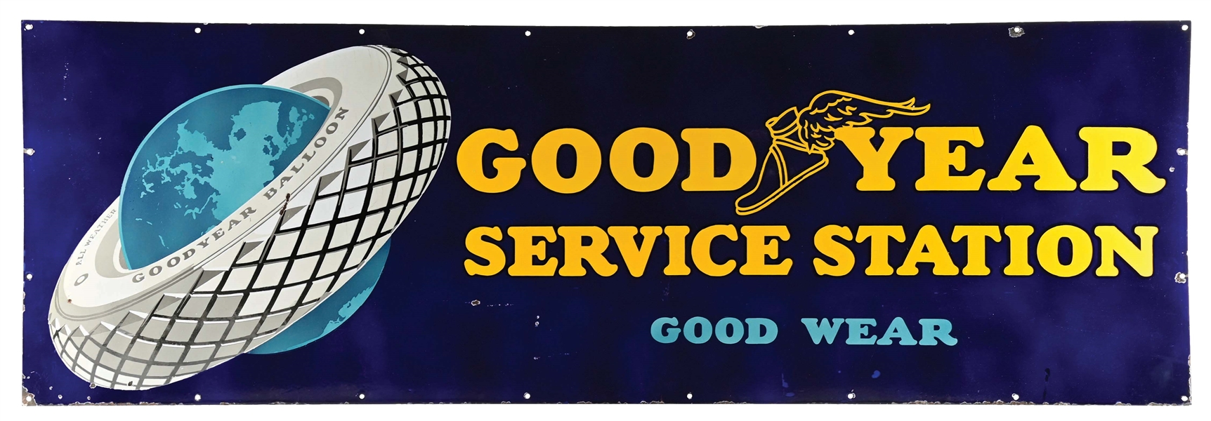 GOODYEAR SERVICE STATION PORCELAIN SIGN W/GLOBE GRAPHIC. 