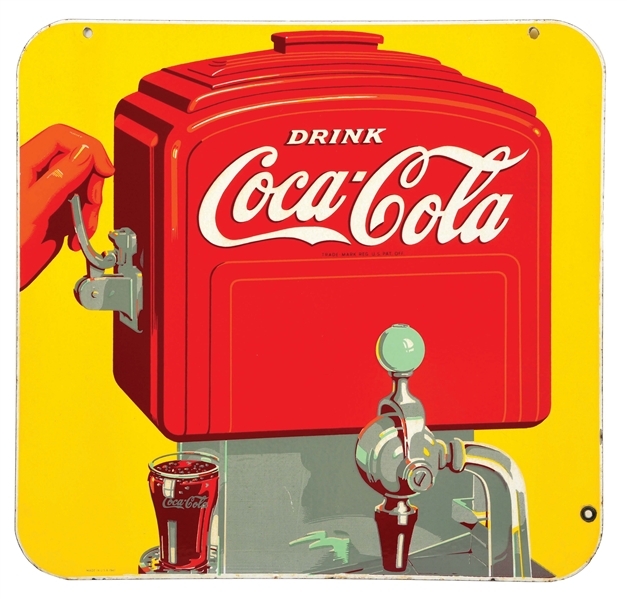 COCA-COLA DOUBLE-SIDED PORCELAIN FOUNTAIN DISPENSER SIGN.