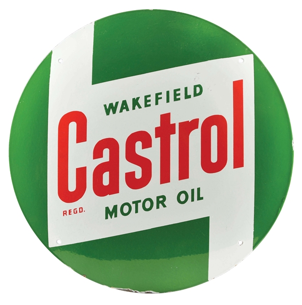 WAKEFIELD CASTROL MOTOR OIL CONVEX PORCELAIN SIGN.
