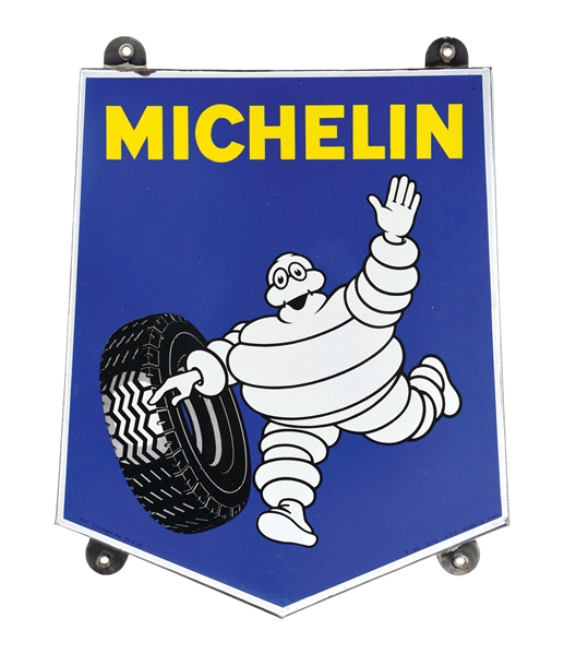 MICHELIN TIRES DIE-CUT PORCELAIN SIGN W/ BIBENDUM GRAPHIC.