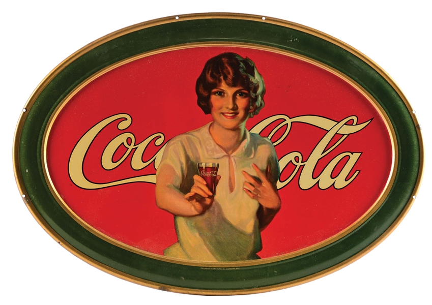 COCA COLA OVAL DIE-CUT SIGN W/ LADY AND FOUNTAIN GLASS GRAPHIC.