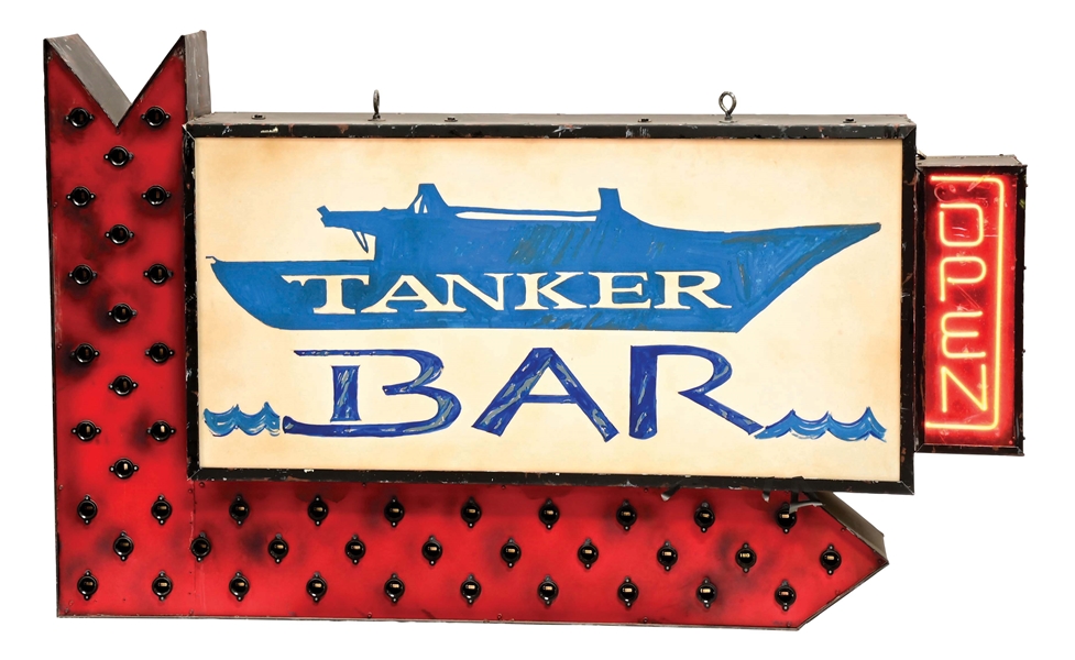"TANKER BAR" PLASTIC LIGHTED SIGN W/ SHIP GRAPHIC.