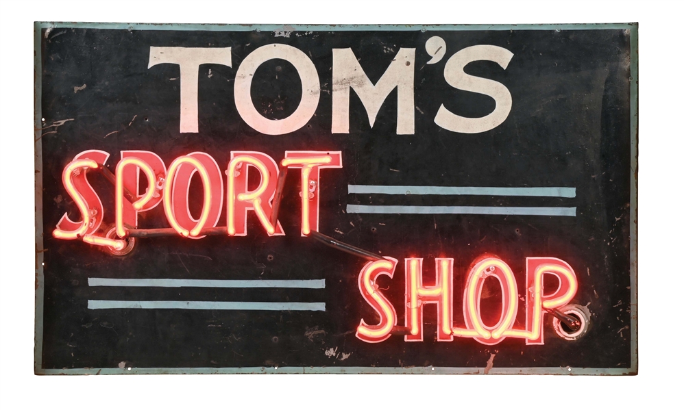 TOMS SPORT SHOP PAINTED METAL NEON SIGN.