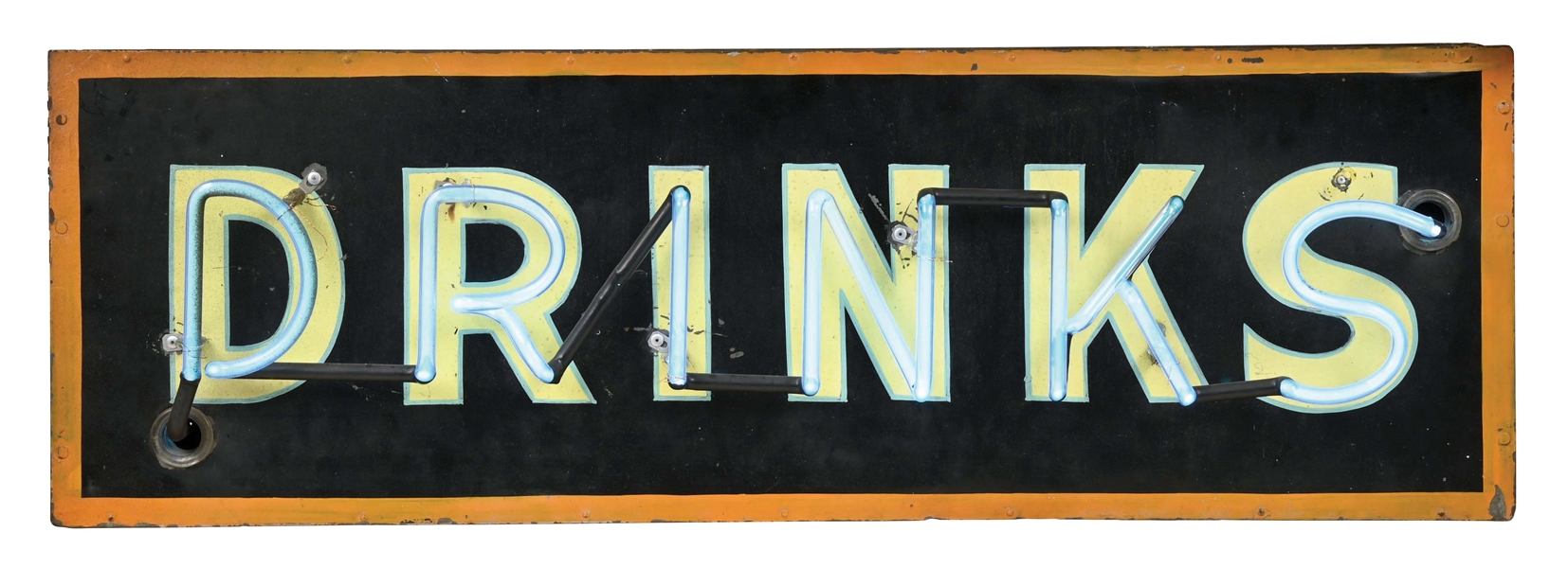 "DRINKS" PAINTED METAL NEON SIGN W/ ORIGINAL CAN.