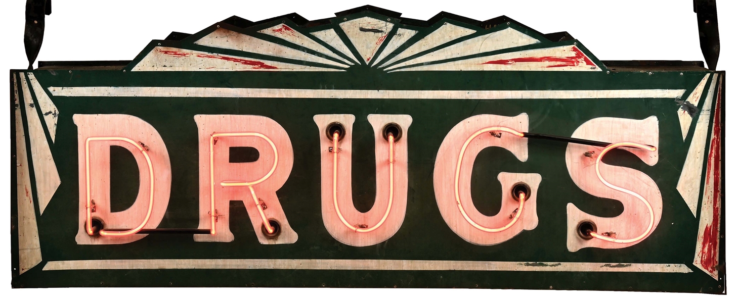 DOUBLE-SIDED TIN NEON "DRUGS" TRADE SIGN.